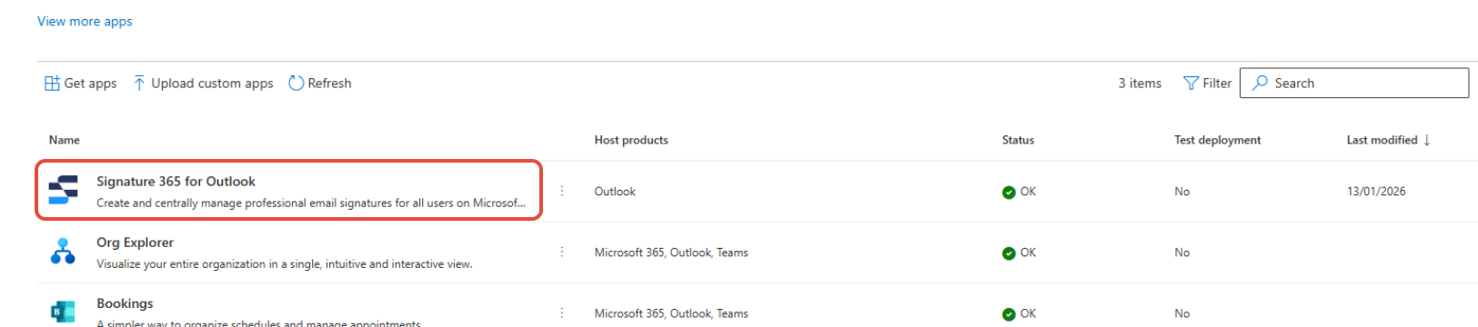Integrated apps page listing Signature 365 add-in available for deployment