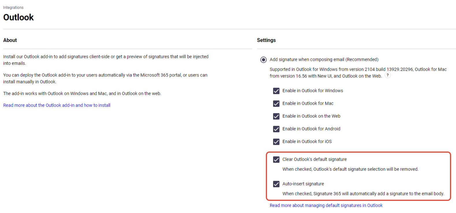 Signature 365 Outlook Integrations page showing Clear default signature and Auto-insert options