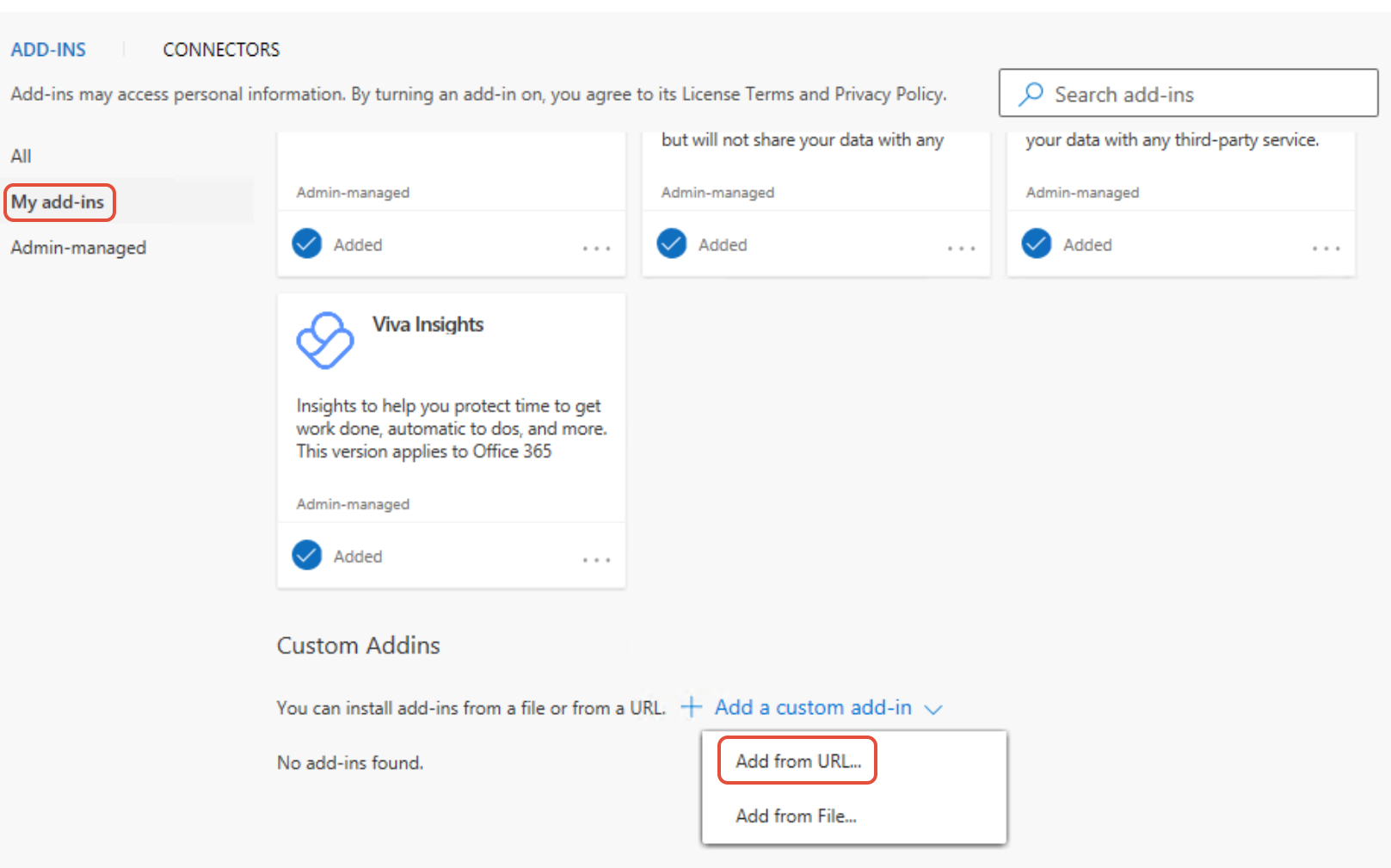 Add custom add-in dropdown showing Add from URL option
