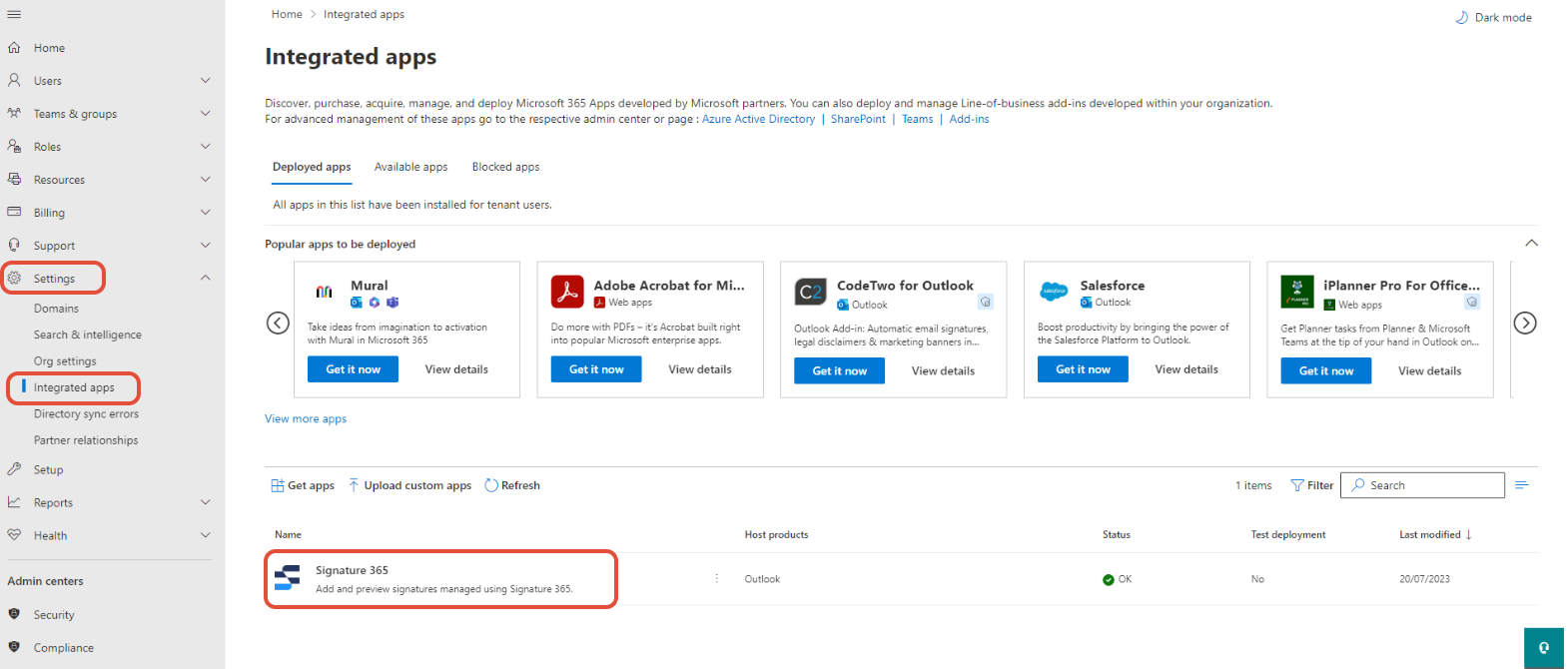 Integrated apps page showing Signature 365 app for manifest-based update