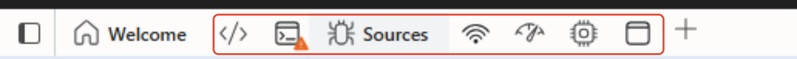 DevTools menu bar showing Elements, Console, Sources, Network and other tab icons