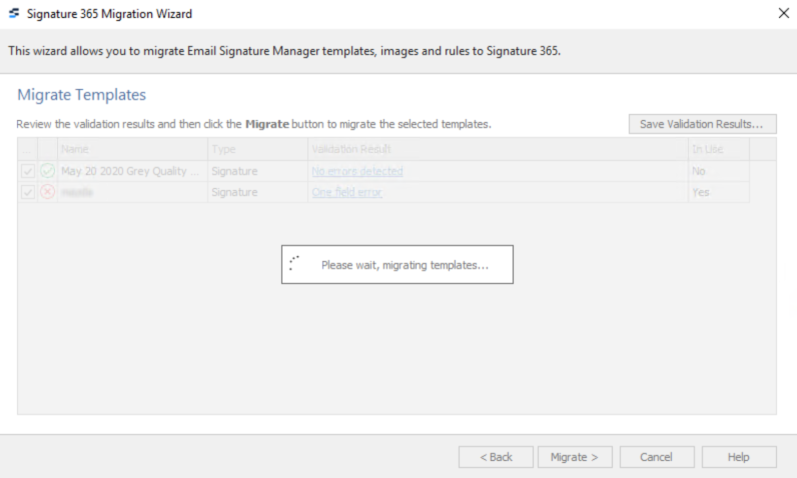 Migration wizard overwrite confirmation dialog for existing templates