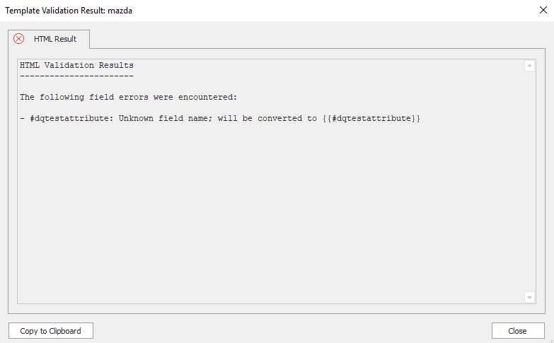 Migration wizard validation results page showing template error details and recovery information