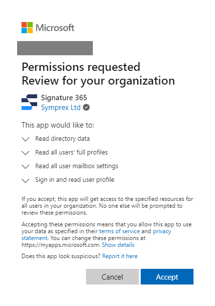 Microsoft permissions dialog requesting directory data read access for Signature 365