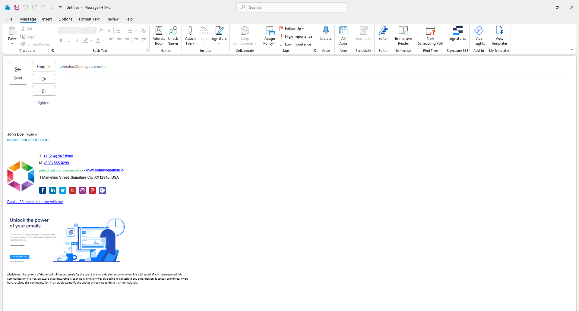 Outlook Classic new email compose window with Signature 365 default signature inserted
