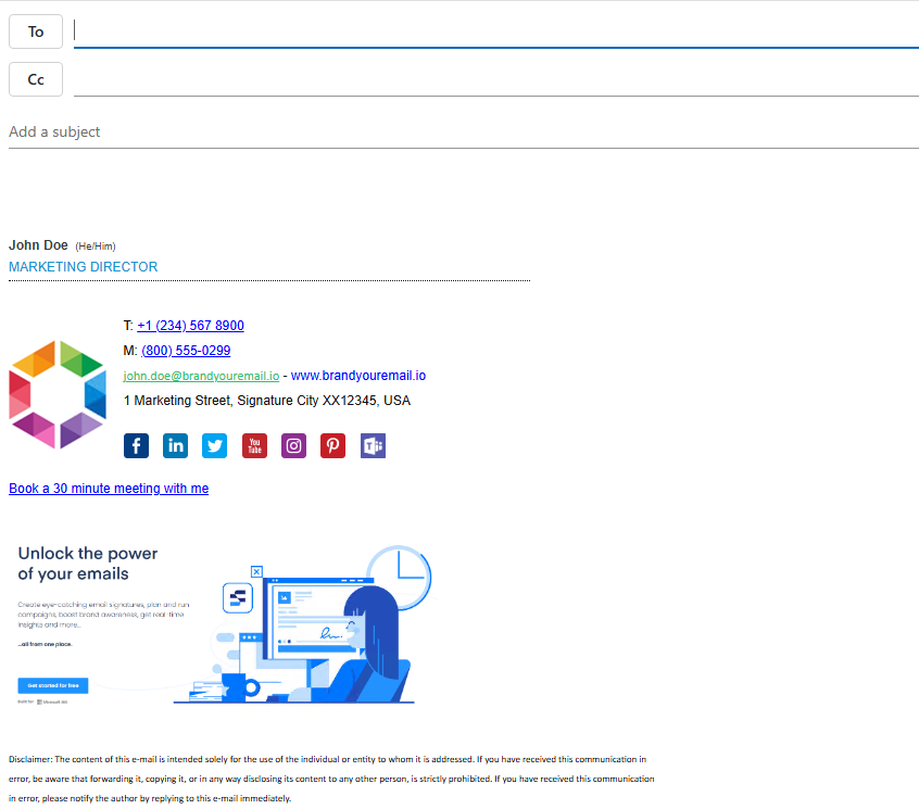 Outlook Web Access new email compose window with Signature 365 default signature inserted