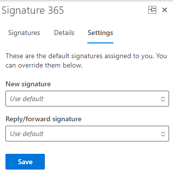 Signature 365 task pane Settings tab in OWA with default signature dropdown and save button