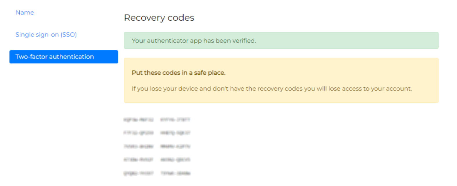 Two-factor authentication recovery codes displayed after successful 2FA setup