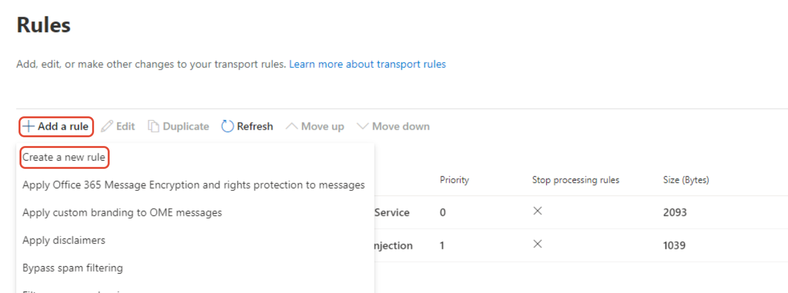 Exchange admin center Add a rule menu for creating new transport rule