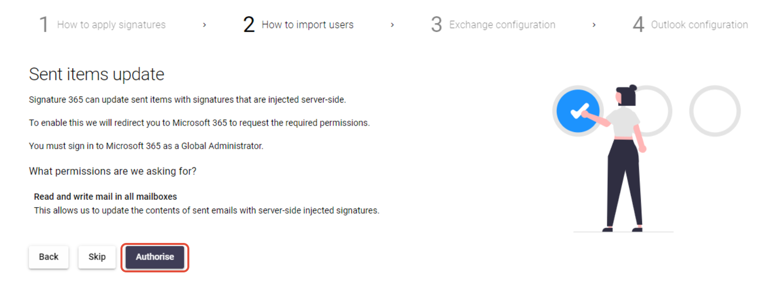 Sent items update authorisation screen with Authorise and skip options