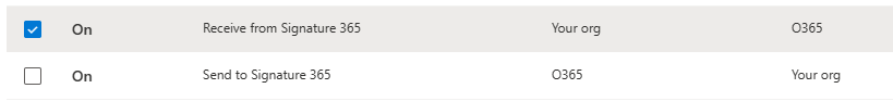 Exchange connectors list showing Send to and Receive from Signature 365 connectors