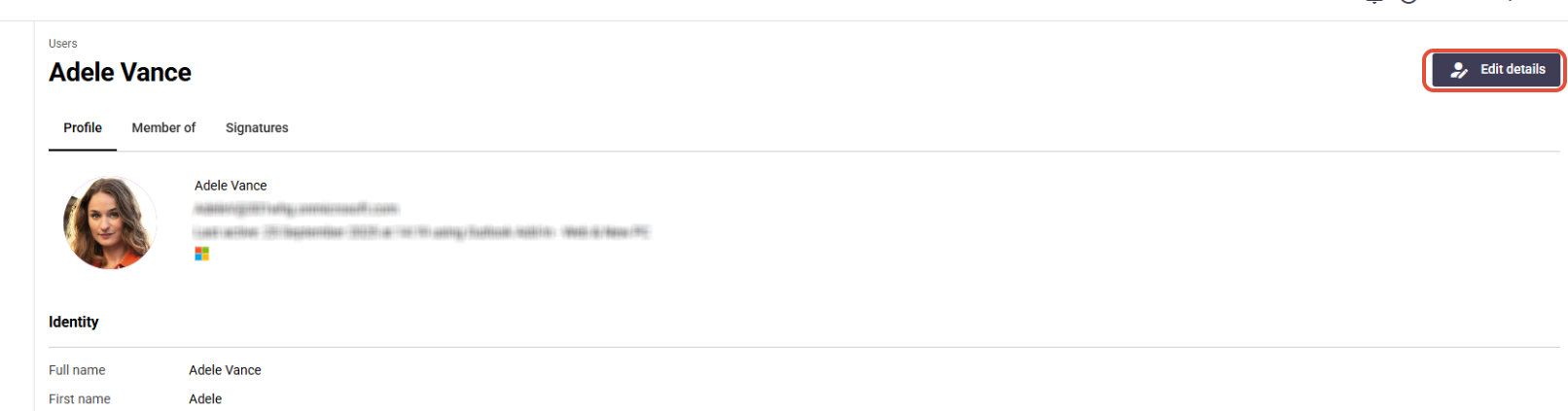 Signature 365 Users tab with Edit details button visible for a user