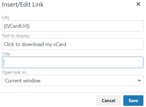 Template editor showing VCardUrl field used in a hyperlink