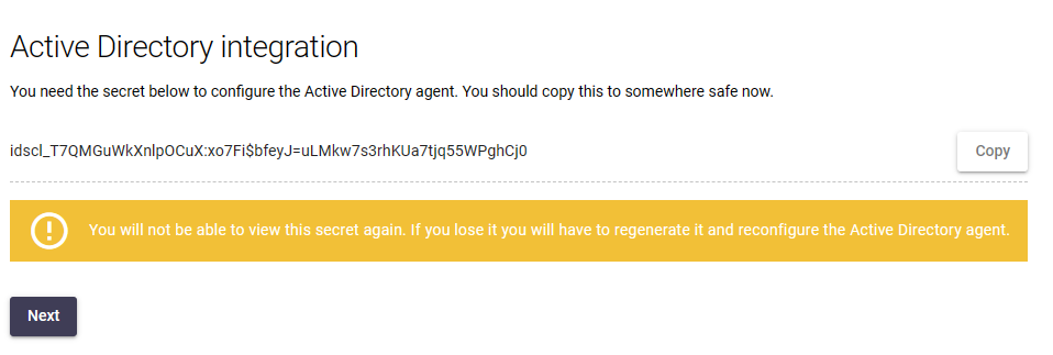 AD Connector secret key with Copy button