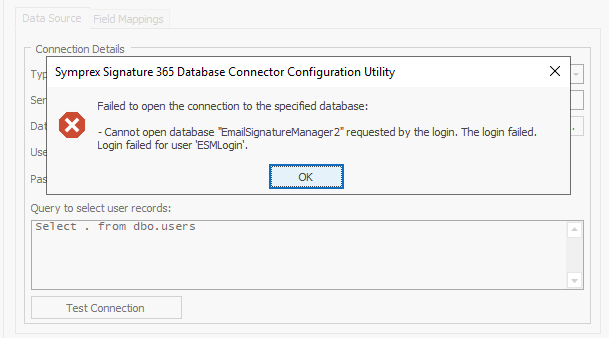 Database connection error message