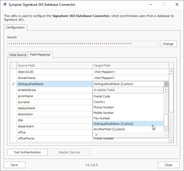 Database Connector showing custom fields in target field list