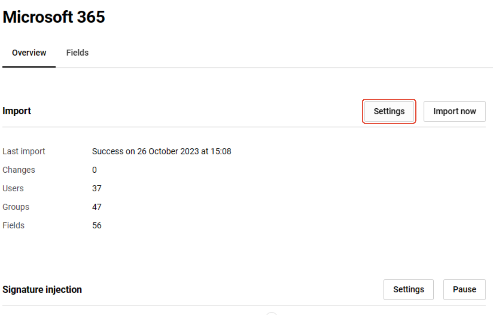 Microsoft 365 integration configuration page with Settings button