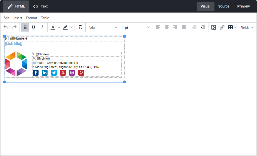 Signature 365 template editor overview showing the HTML and Plain text tabs and toolbar