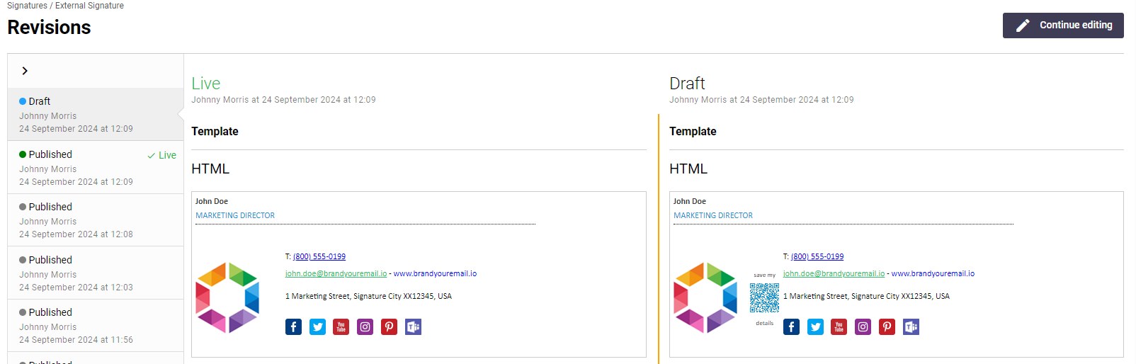 Signature 365 revisions panel showing draft, published, and previous versions of a template