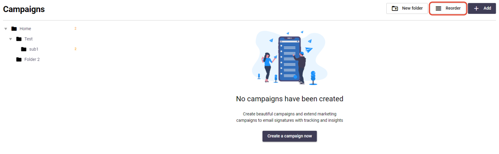 Signature 365 Campaigns tab showing the Reorder button