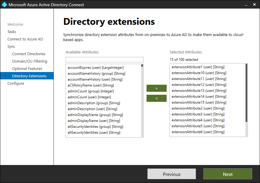 Azure AD Connect Directory Extensions pane showing available and selected attributes