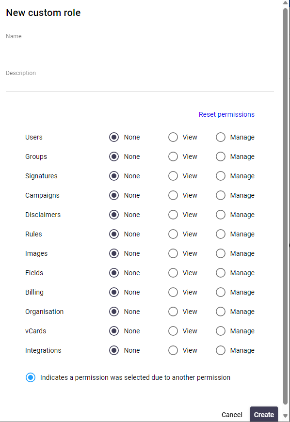 Signature 365 New custom role dialog with name field and permissions list